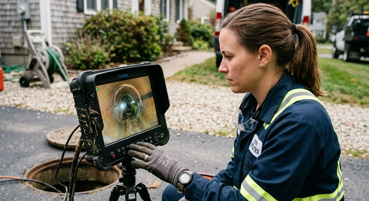 Technician reviewing sewer camera inspection footage in West Rancho Dominguez