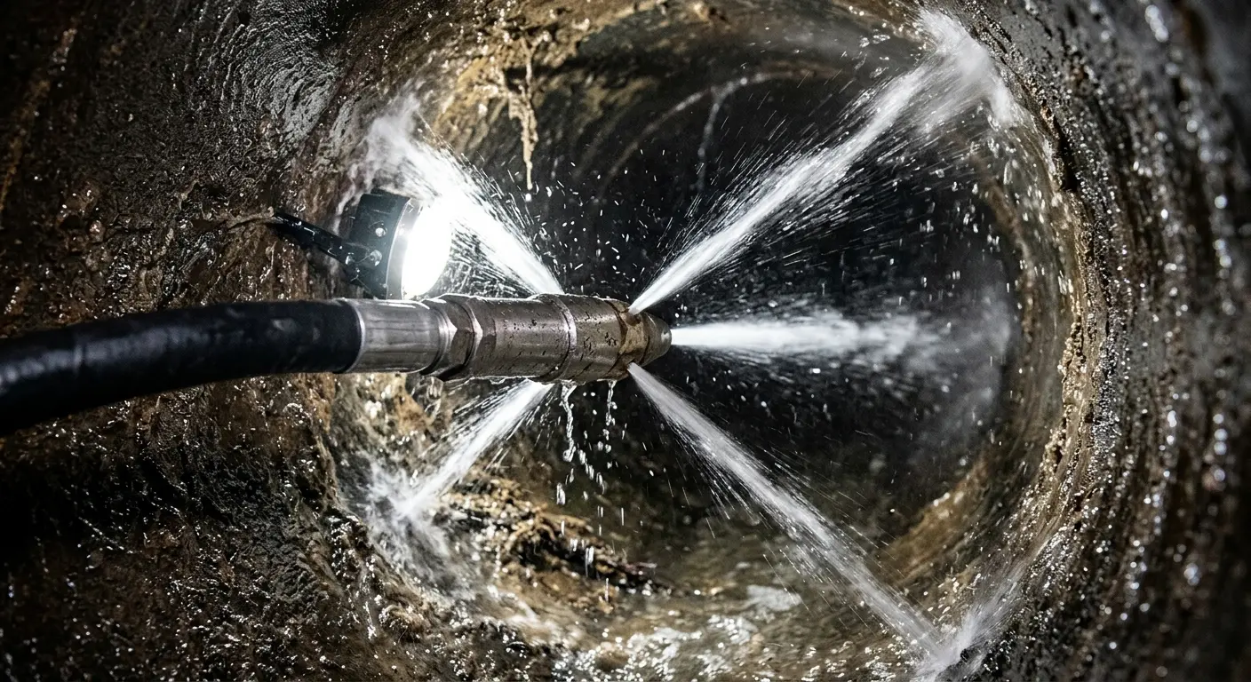 High-pressure hydro jetting nozzle cleaning sewer pipe for Emergency Drain Service in West Rancho Dominguez