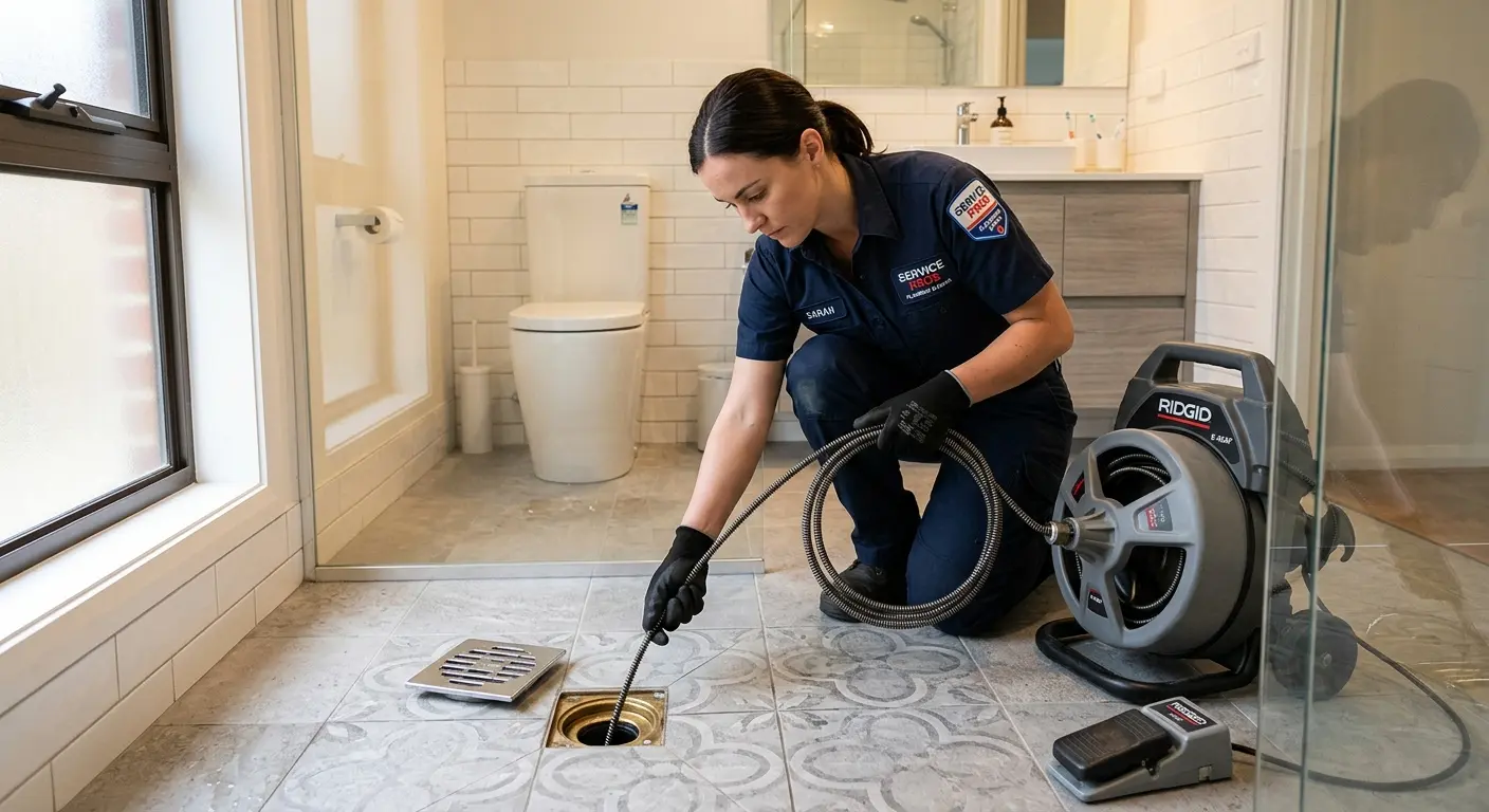 Technician clearing a bathroom floor drain for Drain Repair in West Rancho Dominguez